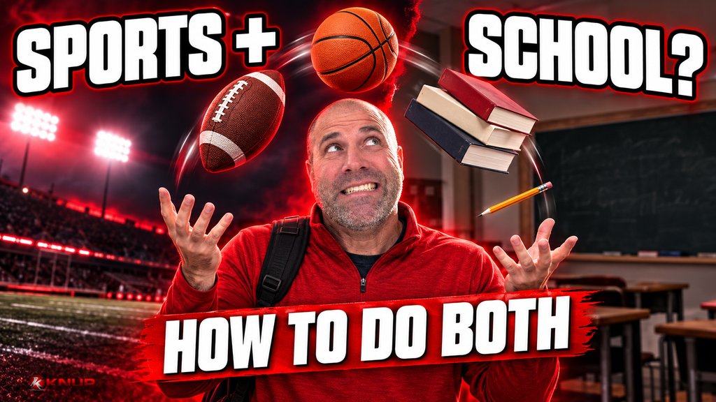 Funny Knup in the center of the frame juggling a football, a basketball, and a stack of textbooks with a nervous grin, with bold red and black text reading SPORTS + SCHOOL? and HOW TO DO BOTH