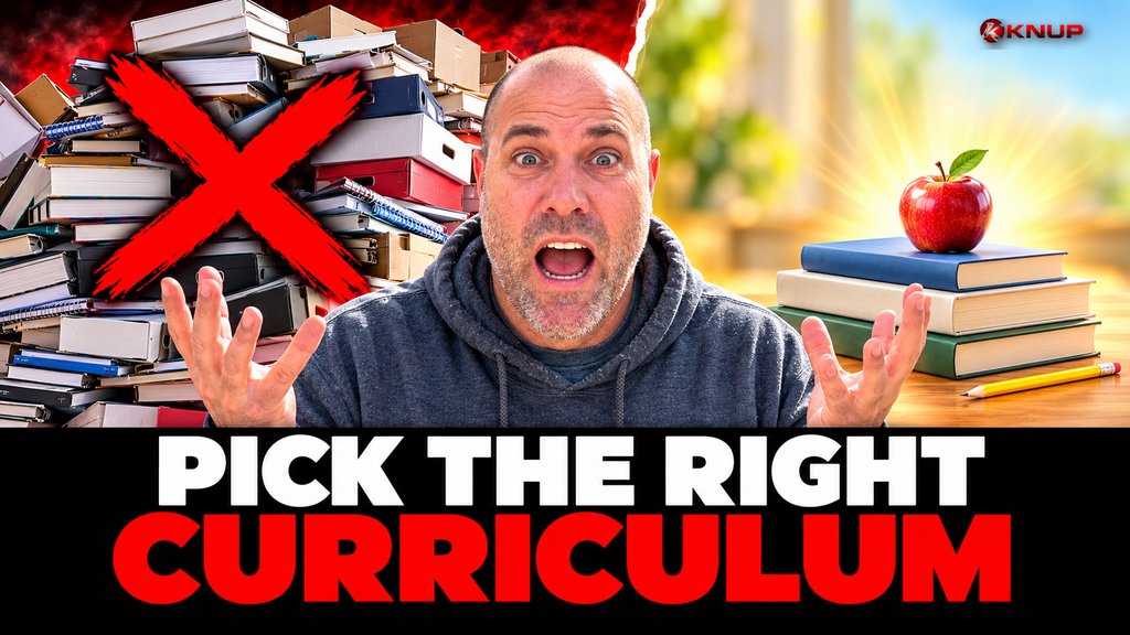 Shocked Knup standing between a toppling mountain of homeschool workbooks and one neat stack of books, with bold red and black text reading PICK THE RIGHT CURRICULUM