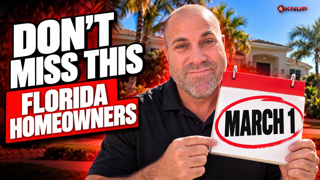 Confident smiling Knup holding a giant red calendar page with MARCH 1 circled in front of a Florida house with palm trees, with bold text reading DON'T MISS THIS and FLORIDA HOMEOWNERS
