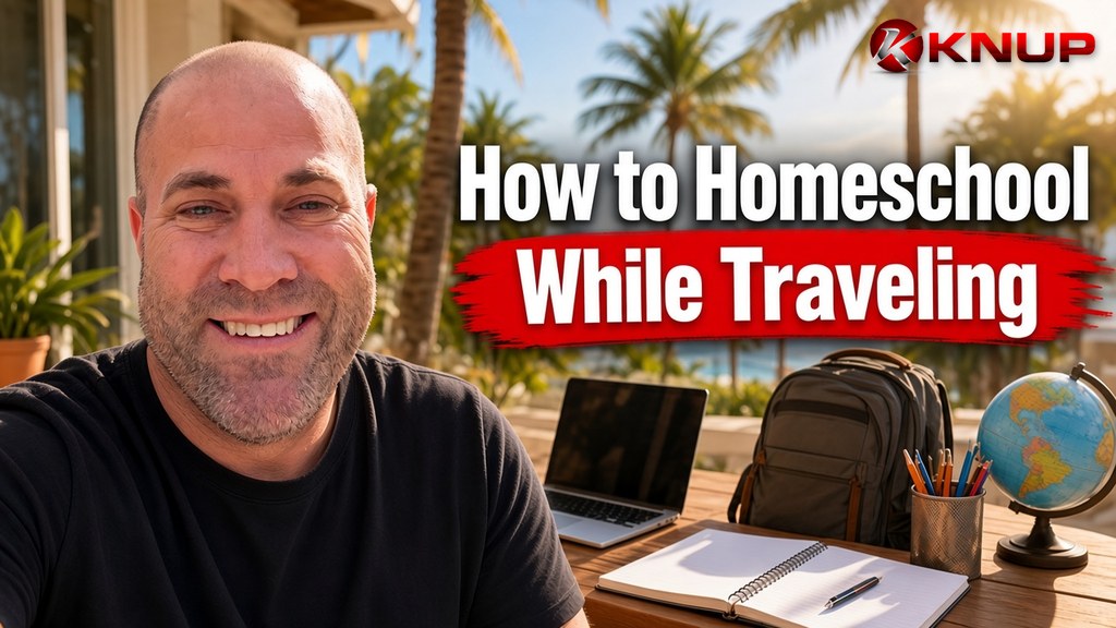 Ryan Knuppel at a sunny rental table with a laptop, notebooks, and a backpack, with the title How to Homeschool While Traveling