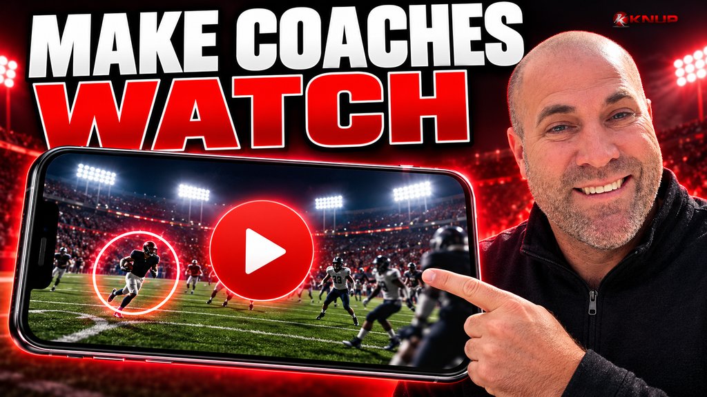 Knup grinning and pointing at a giant phone screen with a red play button over a sports field, with bold red and black text reading MAKE COACHES WATCH