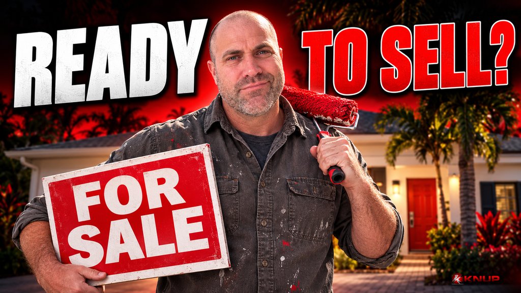 Knup standing in front of a Florida house with a palm tree, holding a paint roller and a red and white for sale sign, with bold text reading READY TO SELL?