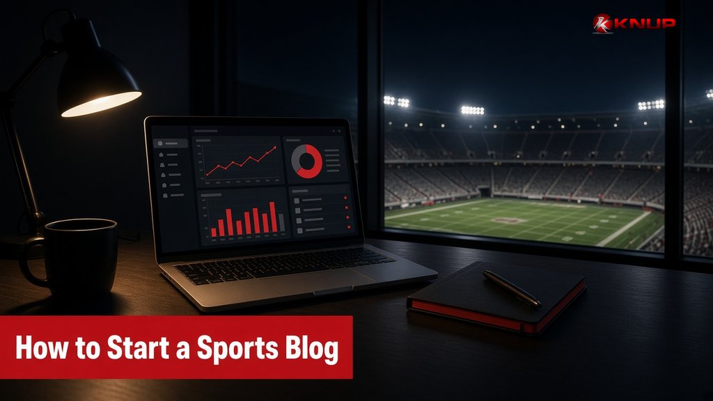 A laptop on a desk showing a sports blog dashboard, with stadium lights glowing through a window at night and the title How to Start a Sports Blog