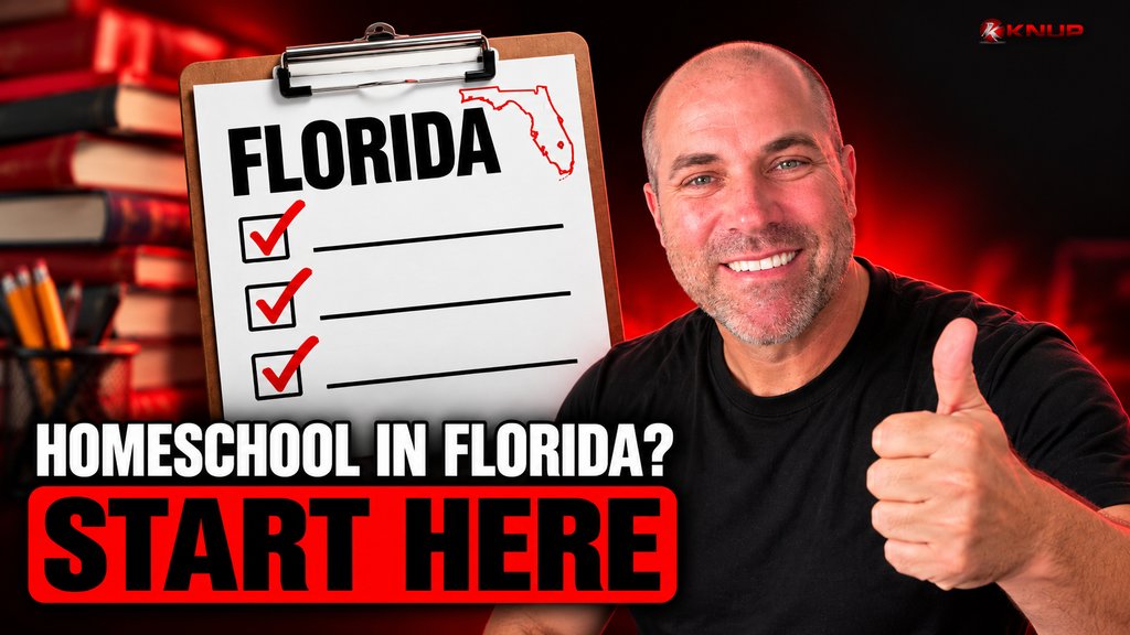Knup giving a confident thumbs-up beside a giant checklist titled FLORIDA with three red checkmarks, with bold text reading HOMESCHOOL IN FLORIDA? START HERE.