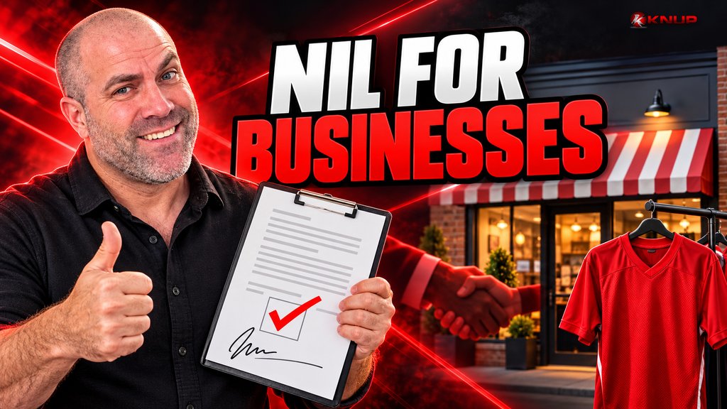 Knup grinning confidently on the left side of the frame, holding a signed sponsorship contract on a clipboard and giving a thumbs-up, with a small storefront and a blank red jersey behind him and bold red and black text reading NIL FOR BUSINESSES