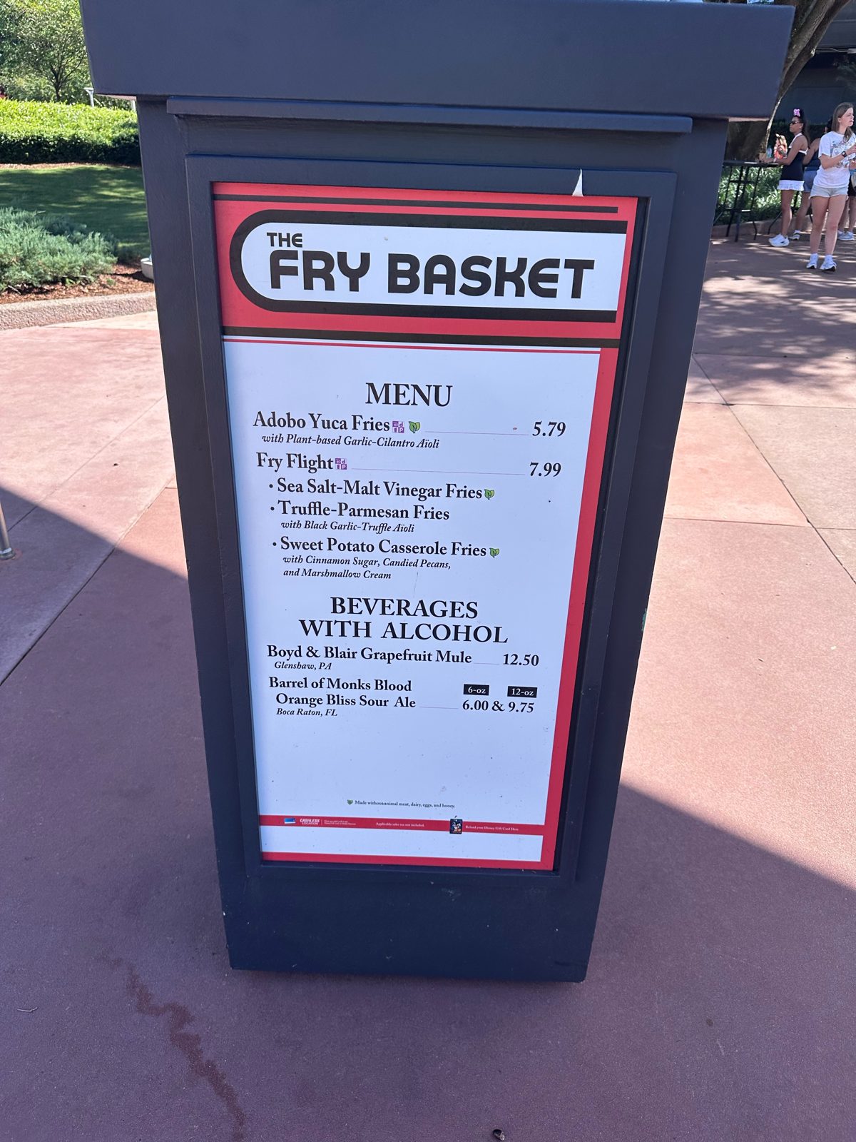 The Fry Basket menu board at EPCOT Food and Wine Festival showing the $7.99 Fry Flight