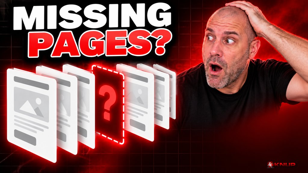 Shocked Knup on the right side of the frame staring at a giant floating stack of blank website page cards with one empty dashed slot, with bold red and black text reading MISSING PAGES?