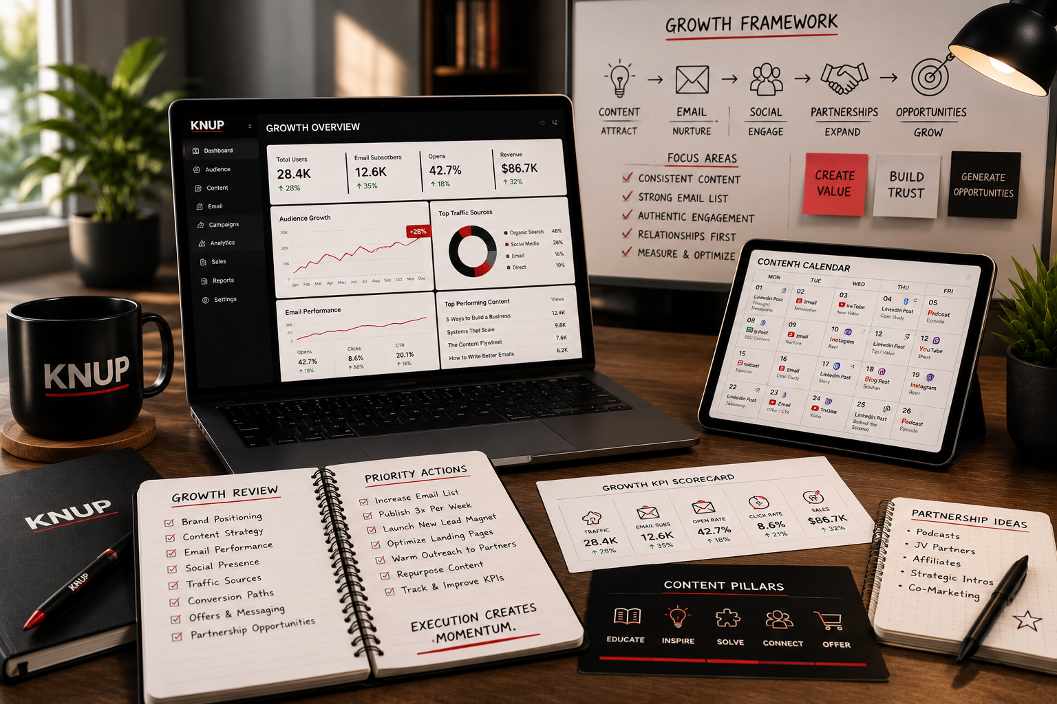Knup growth review with analytics, content calendar, email dashboard, and partnership planning