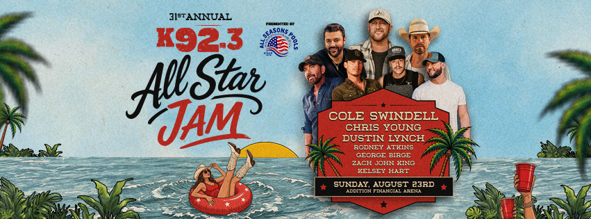 Official 31st Annual K92.3 All Star Jam poster — Cole Swindell, Chris Young, Dustin Lynch, and more