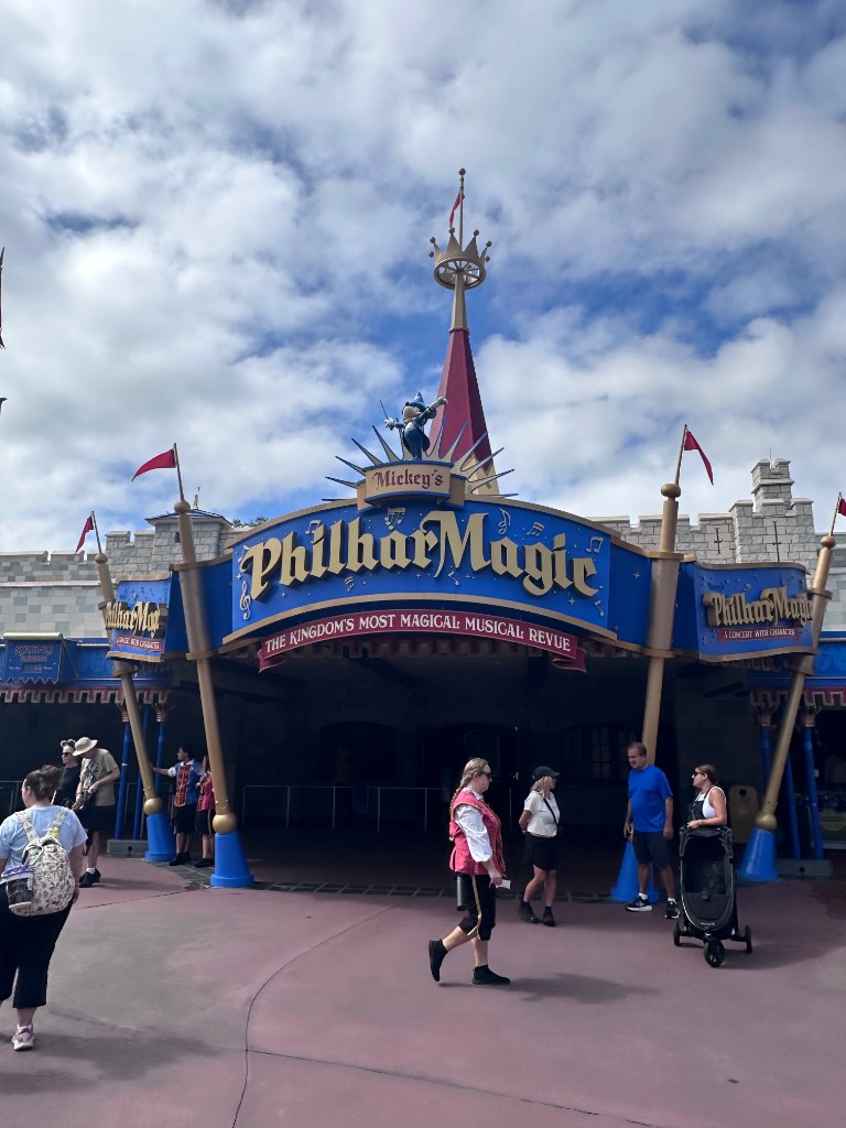 Mickey’s PhilharMagic marquee on Main Street