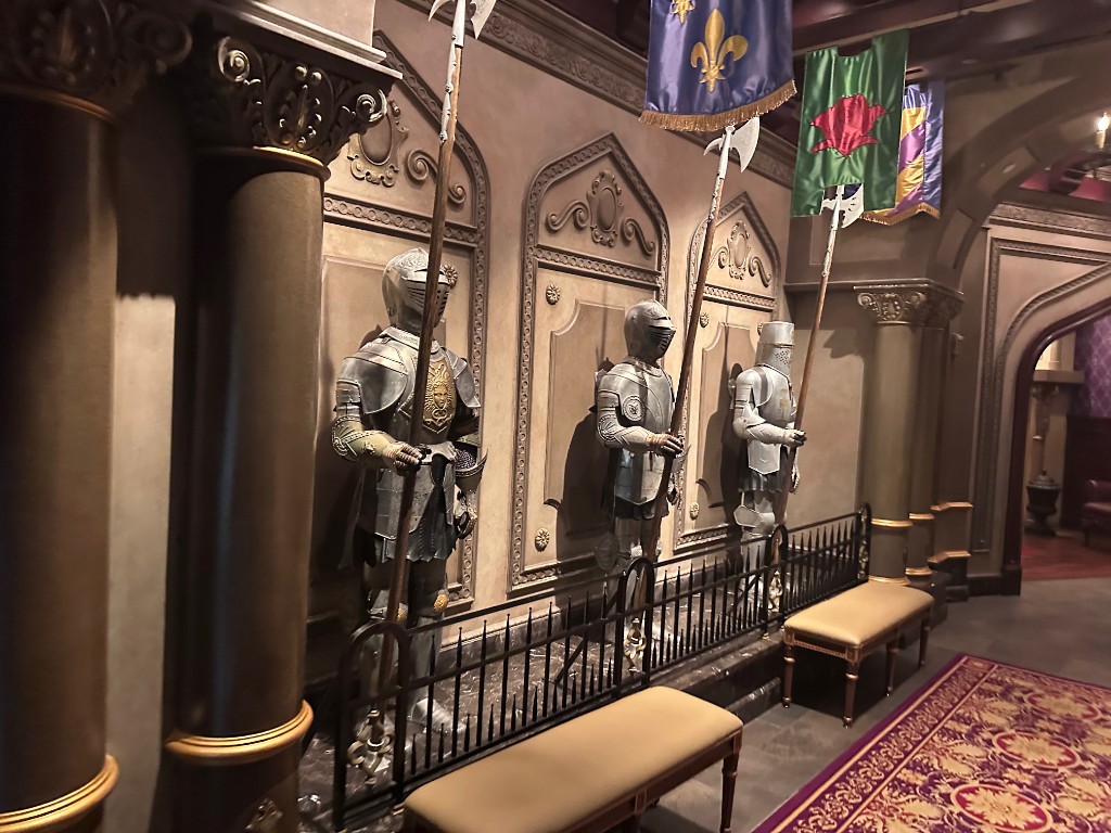 Suits of armor in the Be Our Guest entry hall