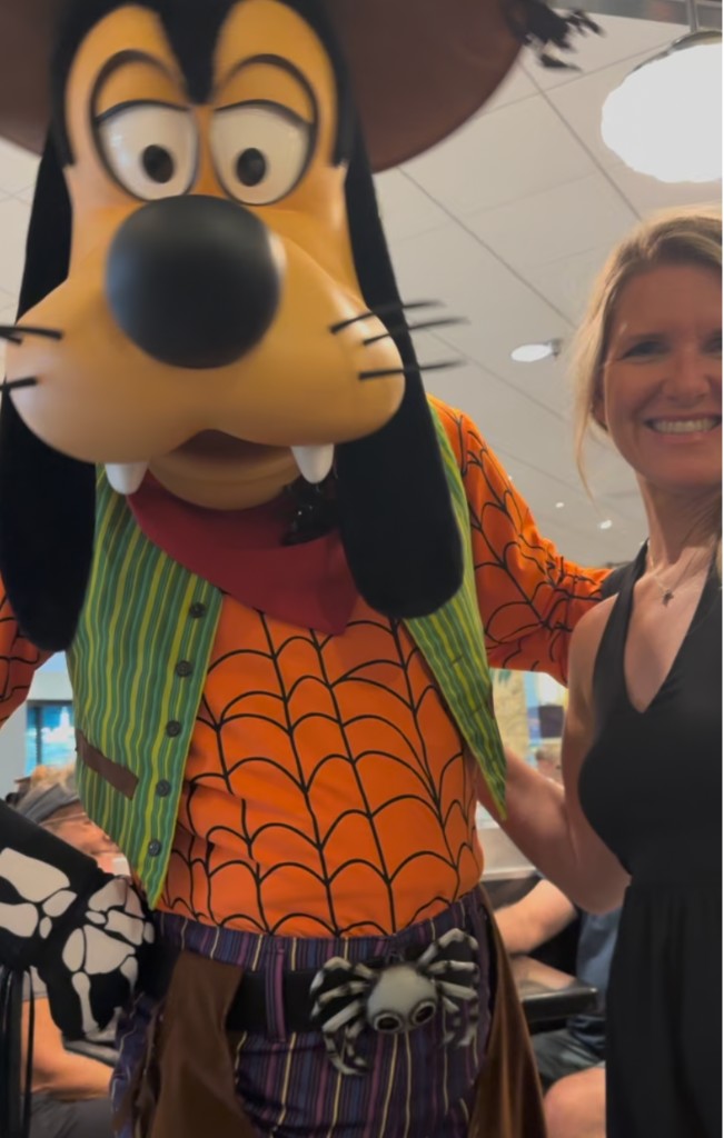Sarah with Goofy in Halloween costume at Hollywood and Vine