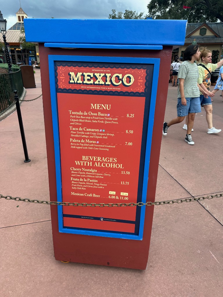 Mexico Food and Wine Festival menu board with prices