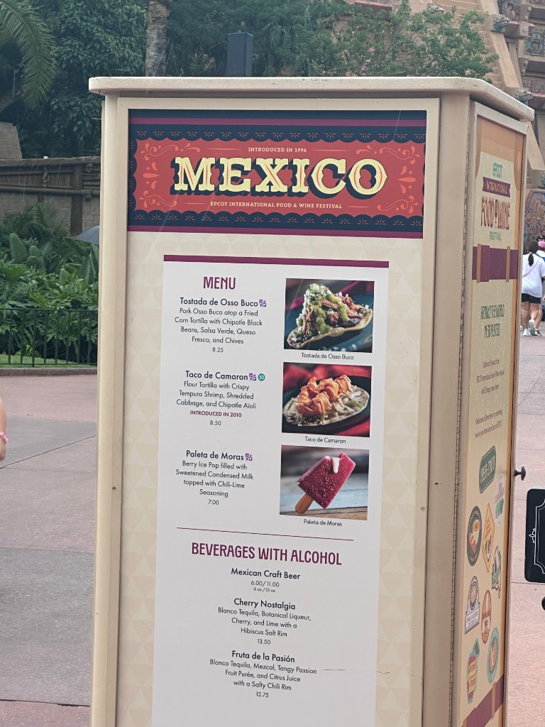 Mexico Food and Wine Festival menu with tostada, taco, and paleta