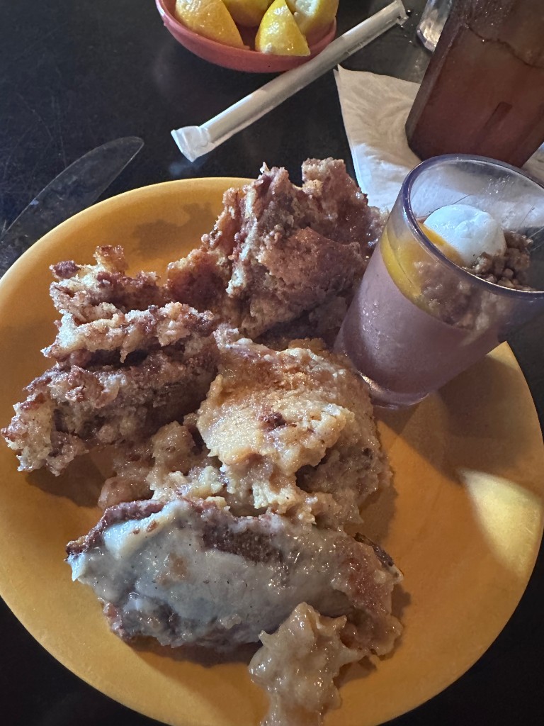 Bread pudding and guava mousse on the plate