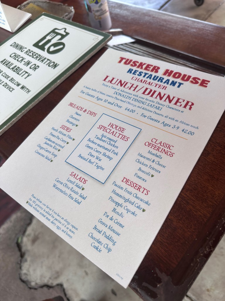 Donald's Dining Safari character lunch menu at Tusker House