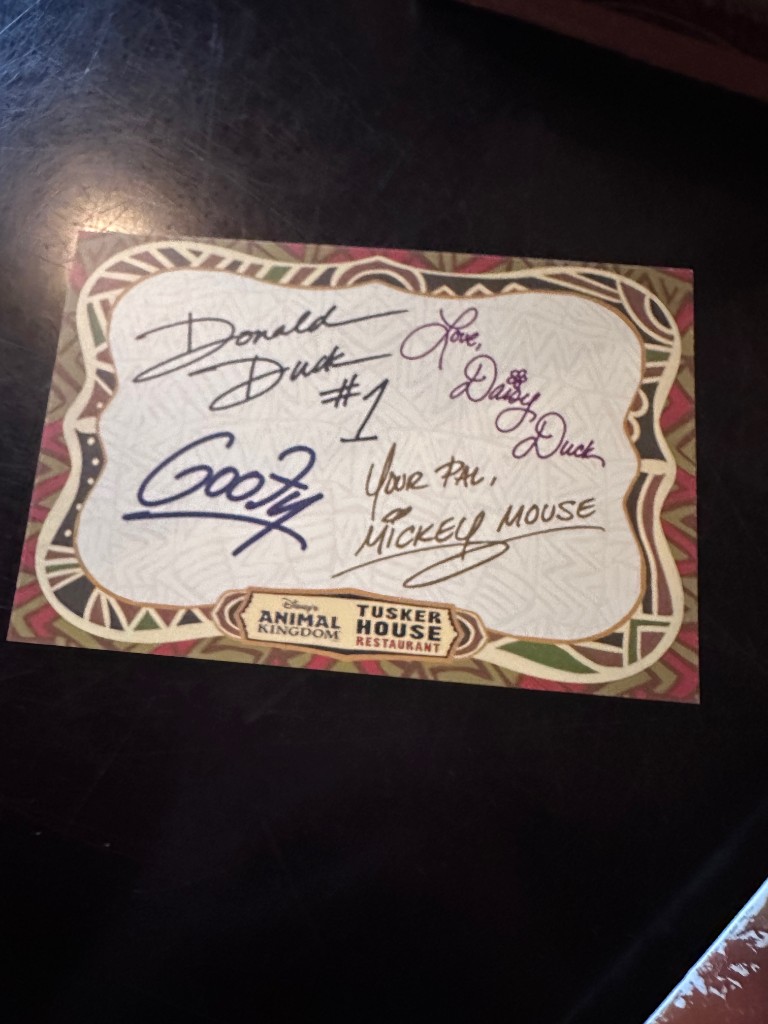Tusker House postcard signed by Mickey, Daisy, Donald, and Goofy