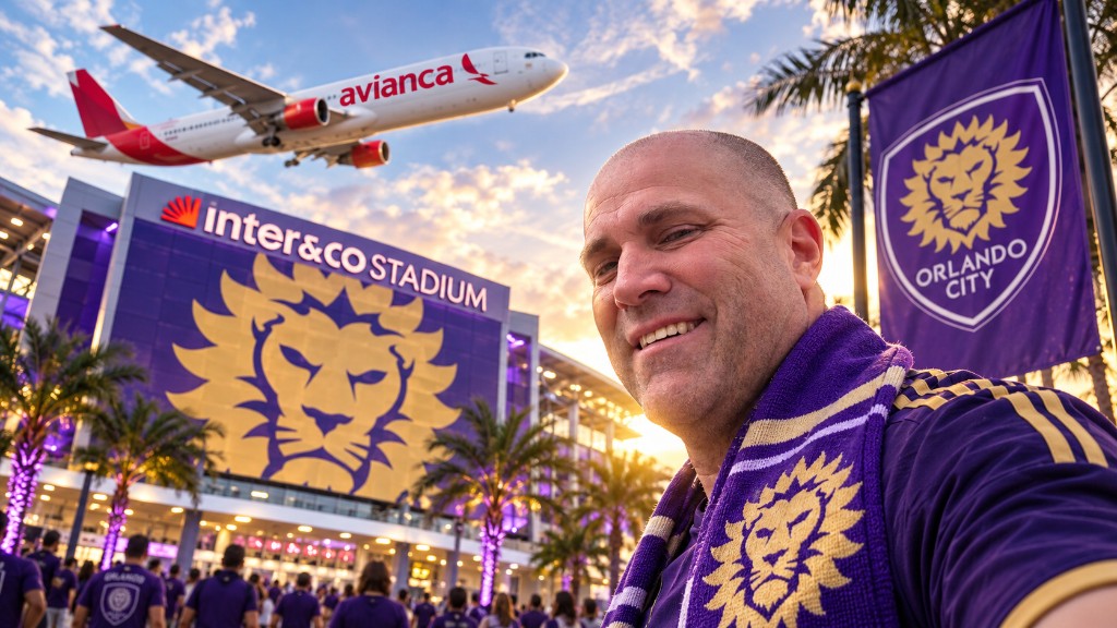 Ryan in Orlando City kit outside Inter&Co Stadium with an Avianca plane overhead