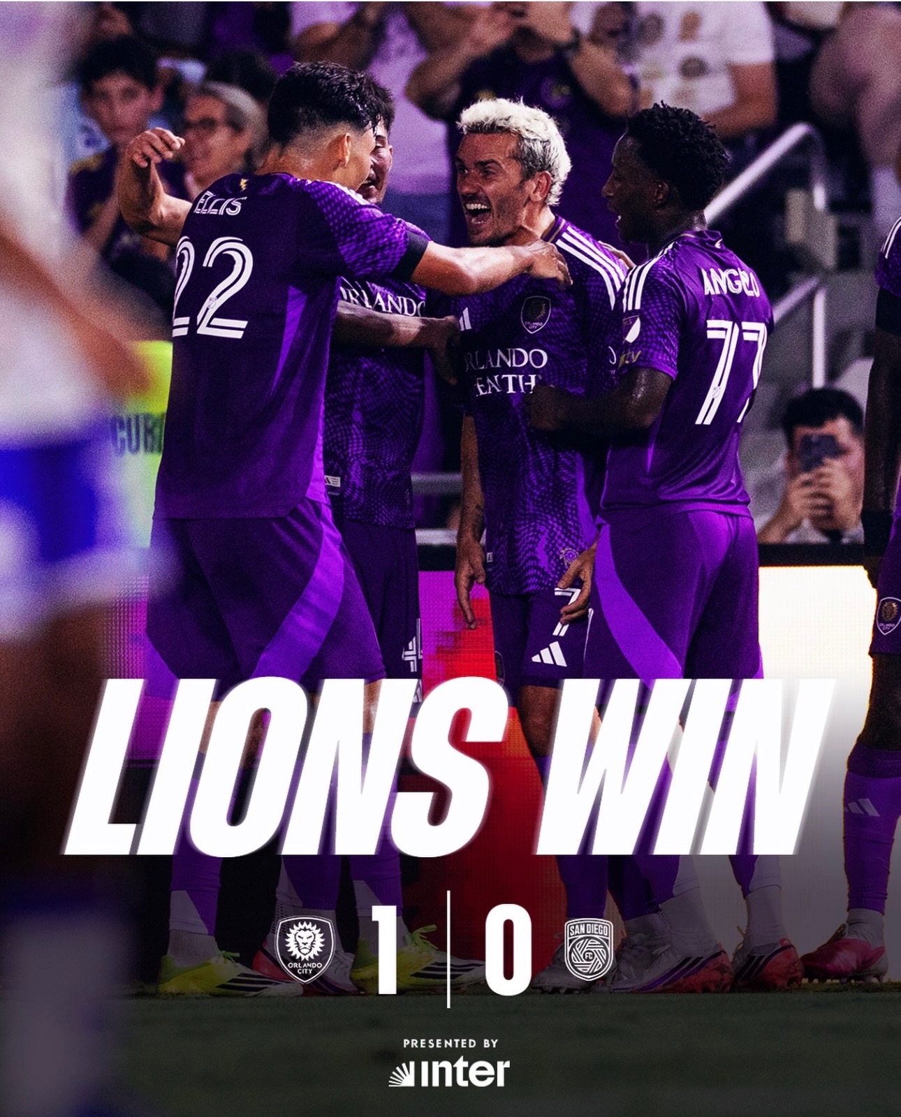 Lions Win 1-0 graphic with Griezmann celebrating