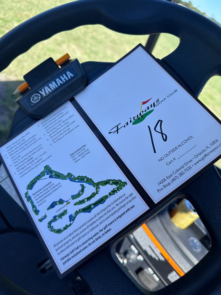 Fairways Golf Club scorecard clip on the Yamaha cart wheel
