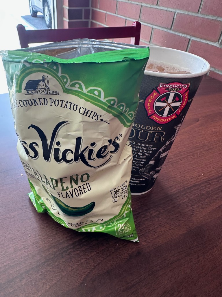 Miss Vickie’s jalapeño chips and Arnold Palmer in a Firehouse foundation cup