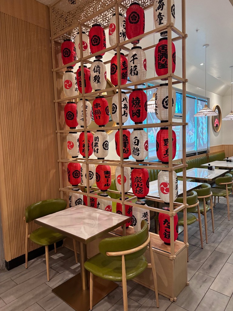 Lantern wall and dining room at Mizu